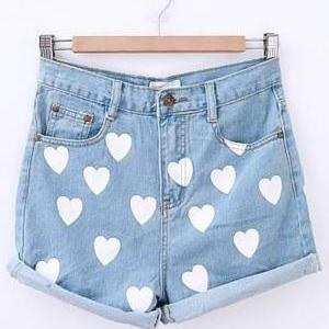 Sweet Love Type Printed Women Jeans Short Pants