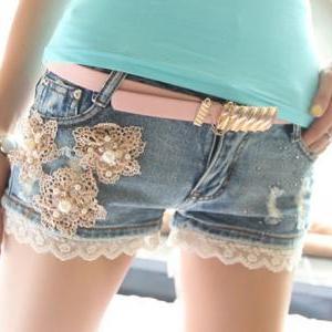 Lace Flower Female Jeans Shorts Pants Woman Summer..