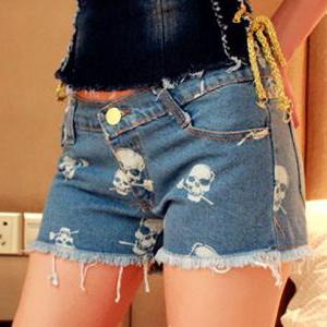 Fashion Frayed Denim Shorts Pants Jeans With Skull..