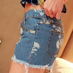 Fashion Frayed Denim Shorts Pants Jeans With Skull..