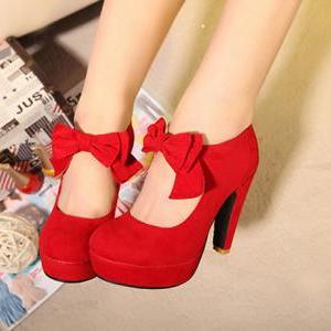 Fashion Bow Waterproof Thick High Heel Shoes For..