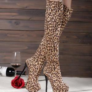 Fashion Sexy Leopard Print Stretch Suede Knee-high..