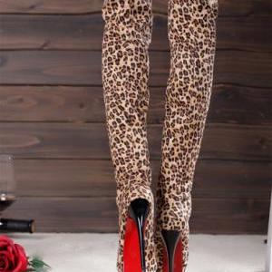 Fashion Sexy Leopard Print Stretch Suede Knee-high..