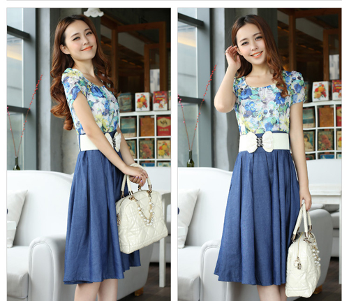 Free Shipping New Floral Cowboy Splicing Long Dress on Luulla