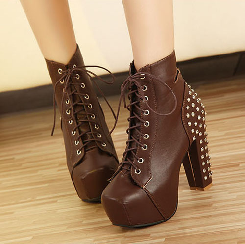 Fashion Sexy Tape Rivet Waterproof Thick High Heel Boots For Lady