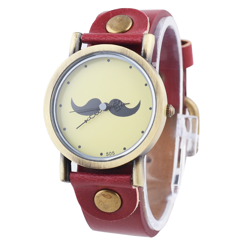 Fashion Goatee Pattern Round Dial Analog Watch With Faux Leather Strap (red)