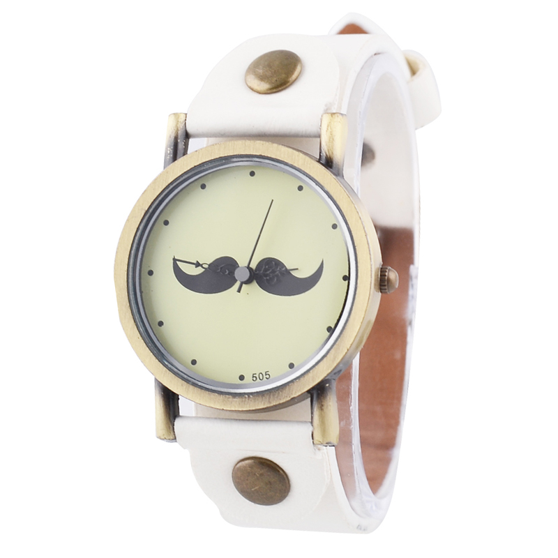 Fashion Goatee Pattern Round Dial Analog Watch With Faux Leather Strap (white)