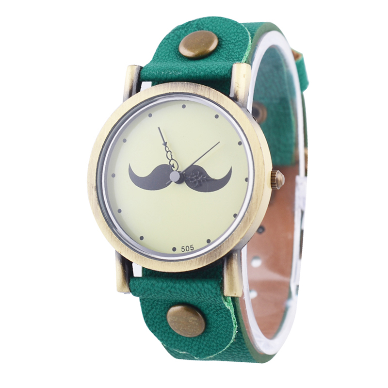Fashion Goatee Pattern Round Dial Analog Watch With Faux Leather Strap (green)