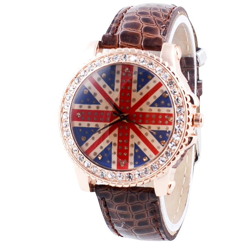 Fashion Round Dial Analog Uk Flag Strap Watch With Crystal Decoration（brown）(yw00021x)