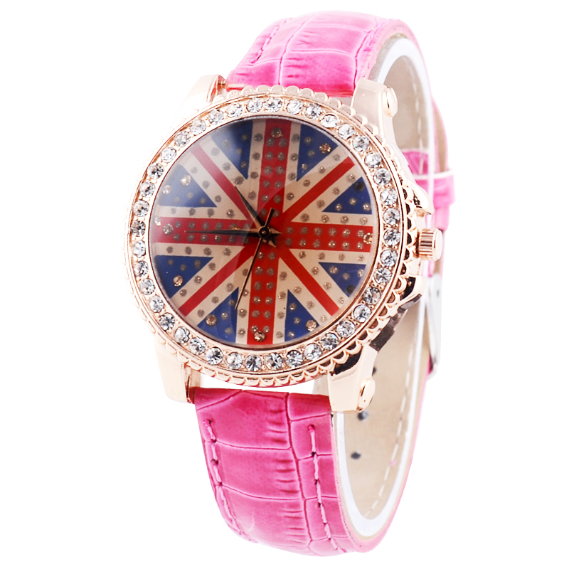 Fashion Round Dial Analog Uk Flag Strap Watch With Crystal Decoration(rose) (yw00021p)