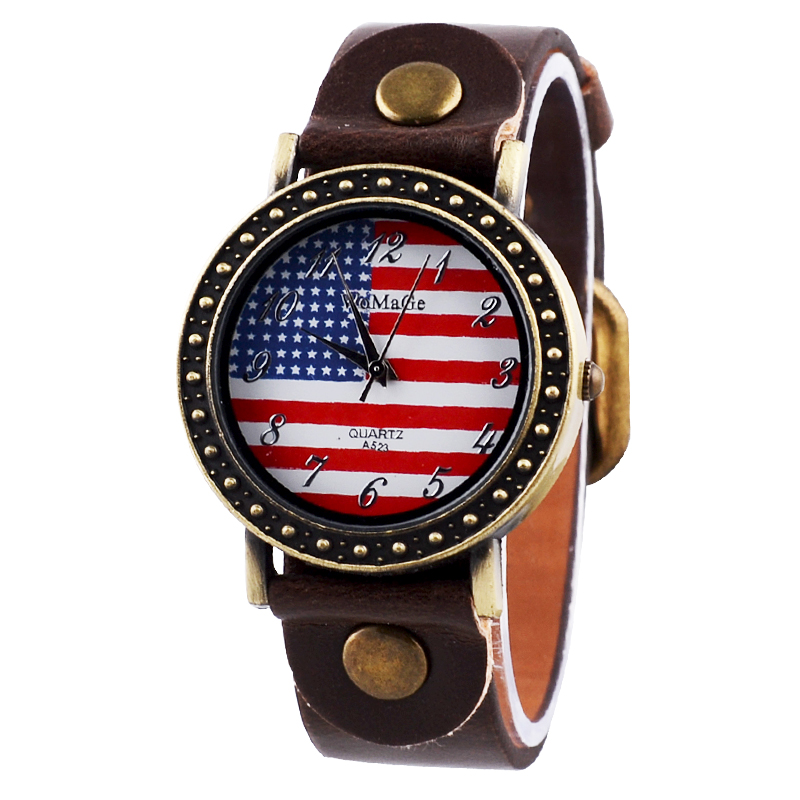 Free Shipping Fashion Round Dial Analog US Flag Strap Watch(Brown ...
