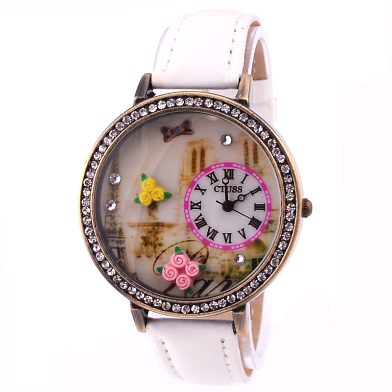 Fashiontower Round Dial Watch 3d Flower Crystal Decoration With Strap (white) ( Yw00134w)