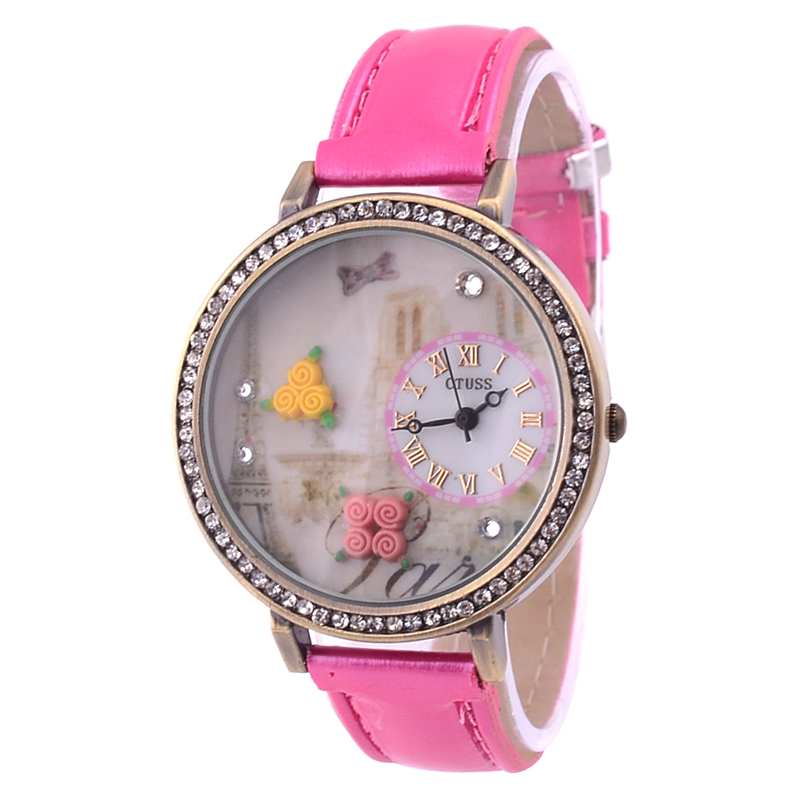 Fashion Tower Round Dial Watch 3d Flower Crystal Decoration With Strap (rose) (yw00134r)