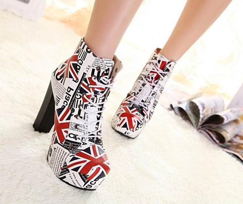 Fashion Uk Flag Pattern Round Head Martin High Thick Heels Boots For Lady + Xzgg0090
