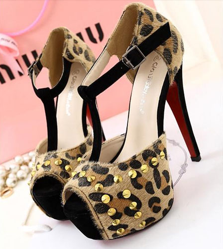Fashion Rivet Leopard Fish Mouth Waterproof High Heel Sandals Shoes For ...
