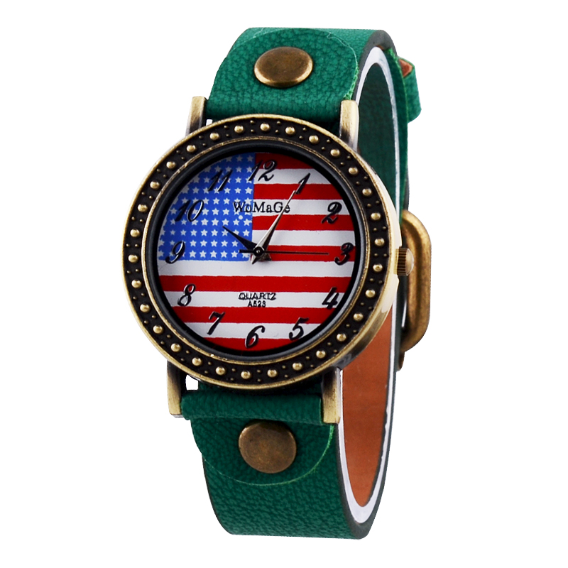 Fashion Round Dial Analog Us Flag Strap Watch(green) (yw00020g) on Luulla