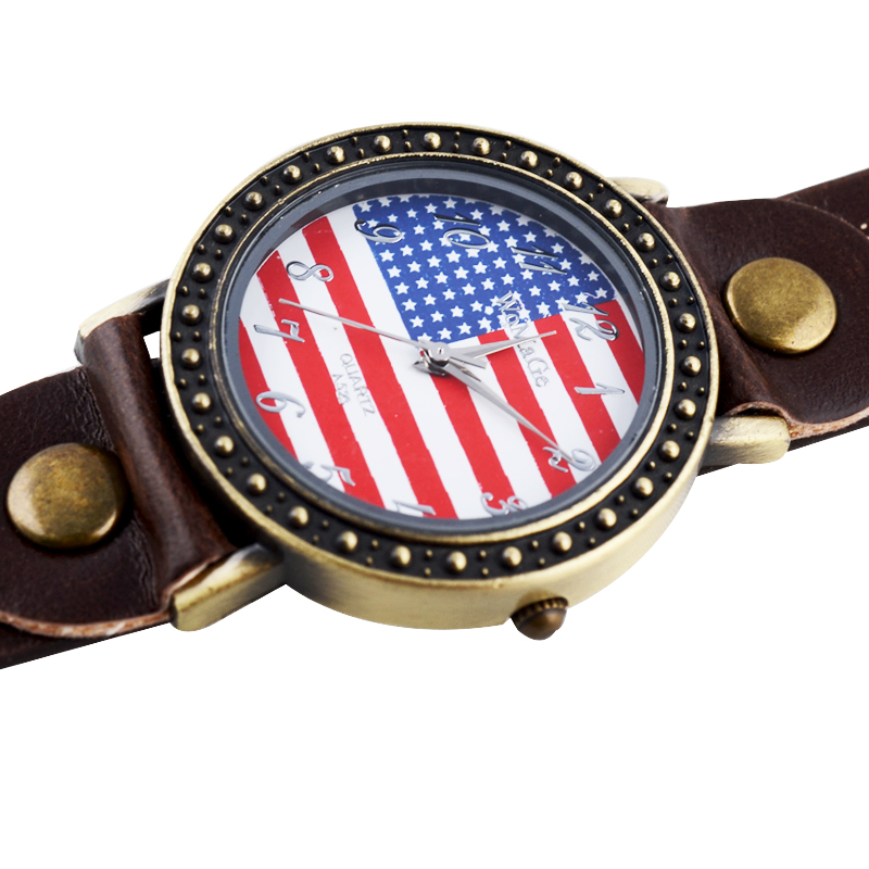 Fashion Round Dial Analog Us Flag Strap Watch(brown) (yw00020x) on Luulla