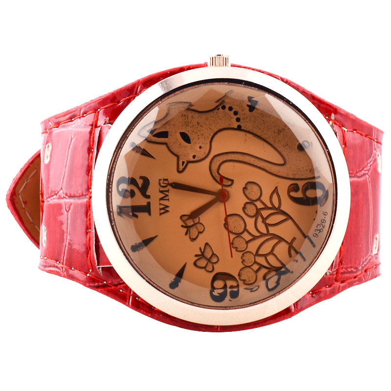 Fashion Big Round Dial Watch With Pu Leather Strap red Yw00006r On fashion-big-round-dial-watch-with-pu-leather-strap-red-yw00006r-on